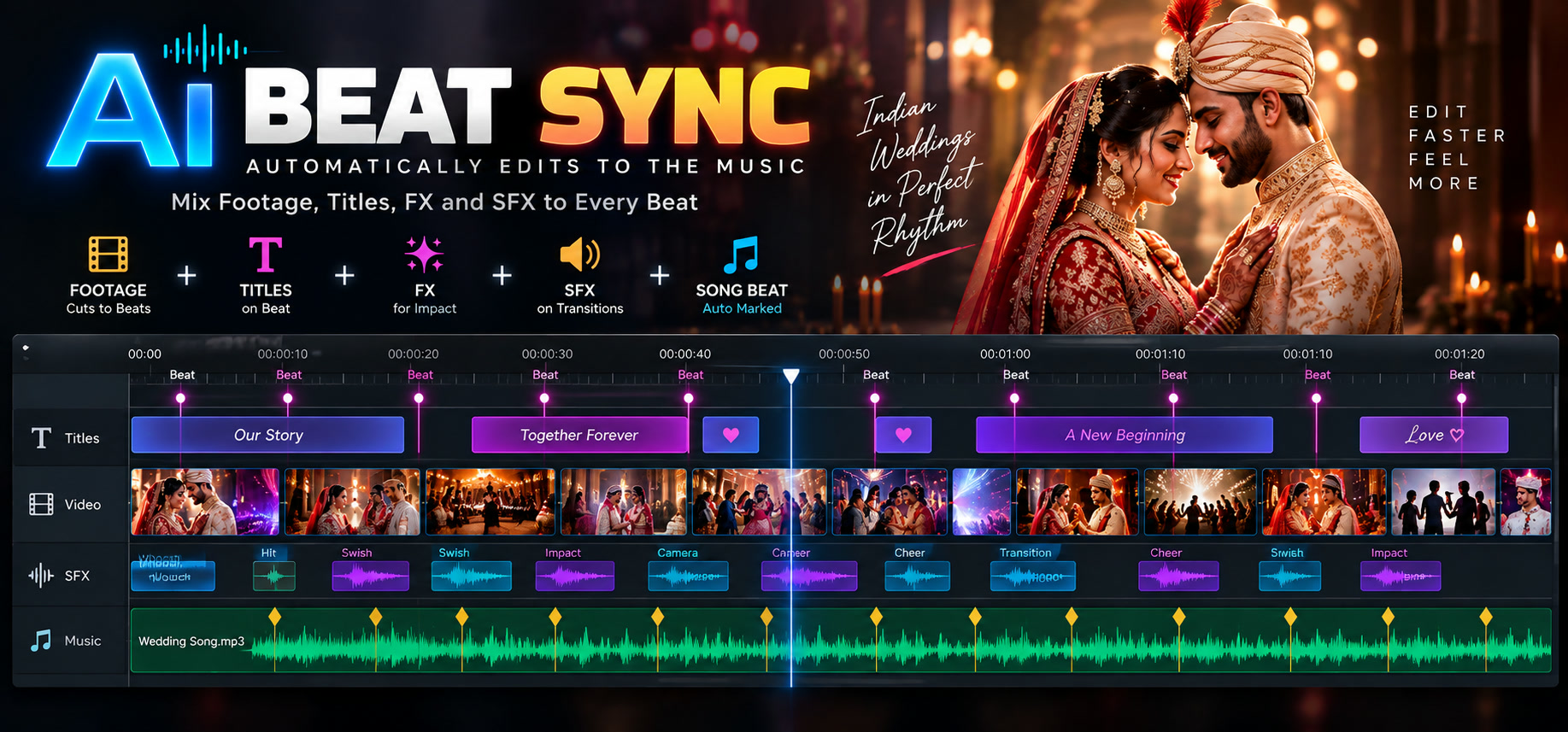 AI Beat Sync: a Final Cut Pro timeline with titles, video, sound effects and a music track, every cut landing on a marked beat.