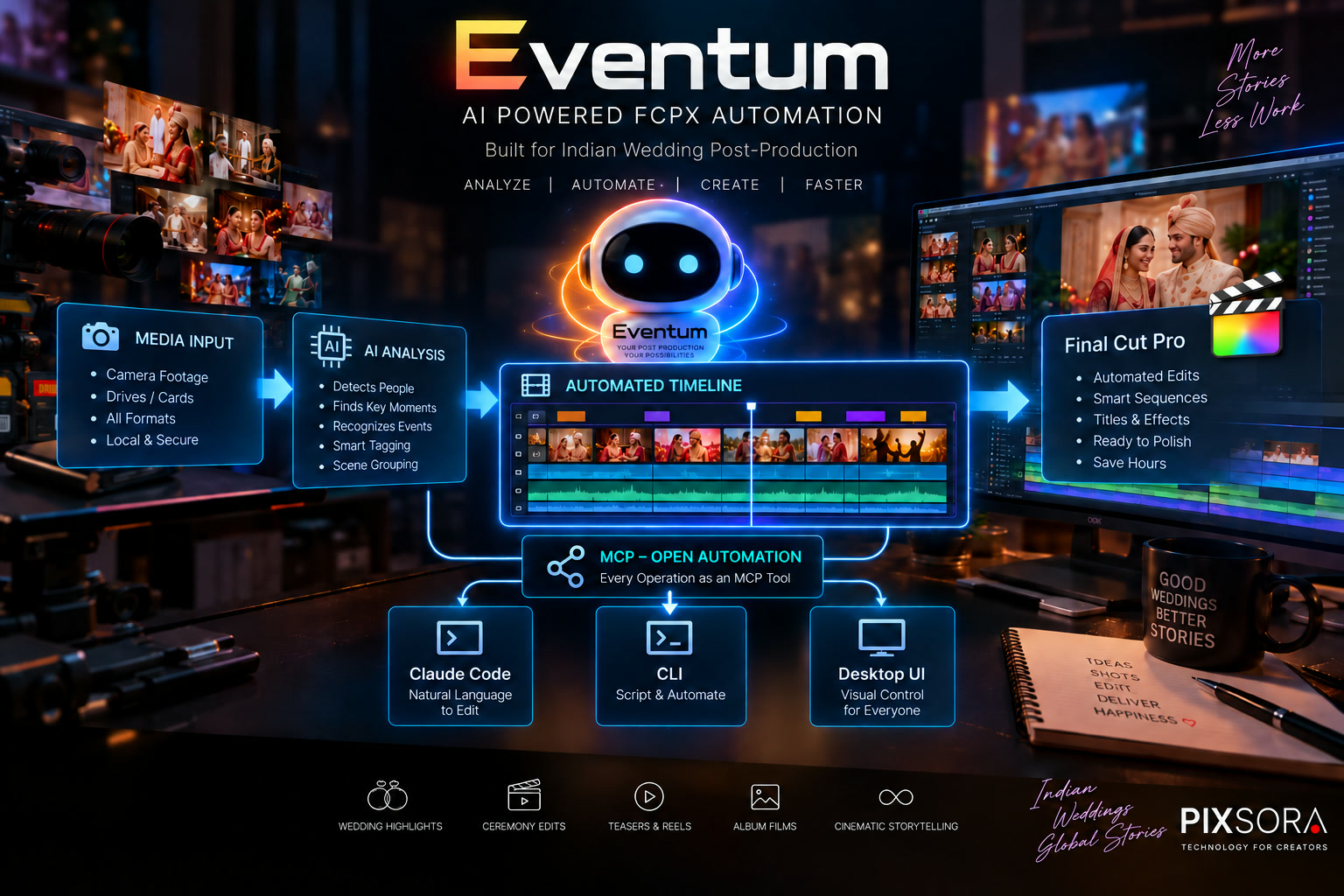 EventumVfx pipeline: media input, AI analysis, FCPXML, Final Cut Pro — driven by Claude Code, CLI or the desktop app.
