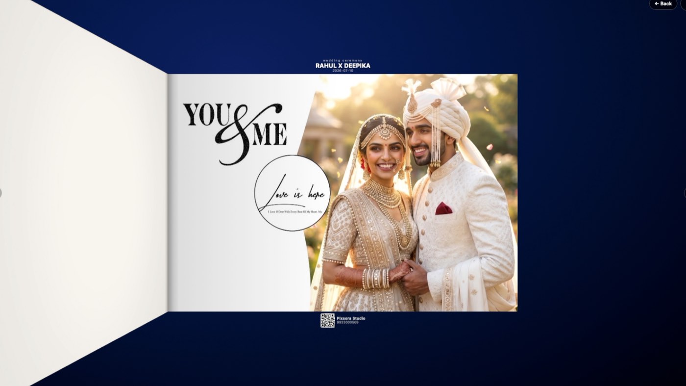 A Flipy wedding album open on a two-page spread